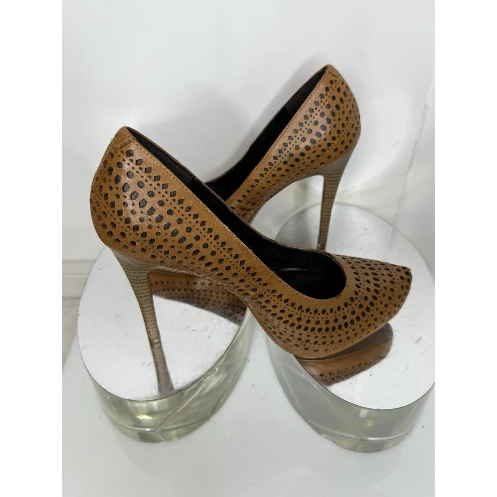 BCBG Paris Brown High Heel‎ Leather Size 7 Cut Out Dot Perforated Stiletto